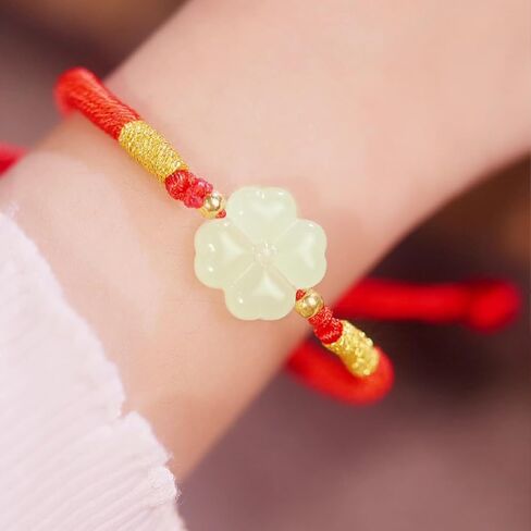 24K Solid Gold Bracelet Lucky Four Leaf Clover Real Gold Green Jade Charm Bracelet Gold Bead Bracelets Dainty Jewelry for Daughter Birthday New Year Small Size 5.1-7.5"(13+6cm) Y1714796 in Saudi Arabia