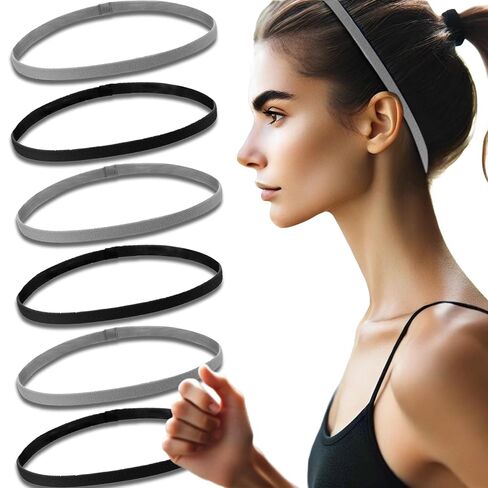 6 قطع من ربطات الشعر الرياضية المتينة للرجال والنساء، عصابات رأس مرنة سميكة مضادة للانزلاق (أسود ورمادي) in Kuwait