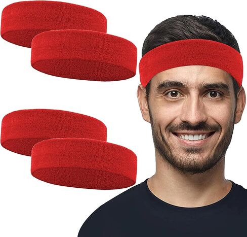 4 Pack Sweatbands Sports Headband for Men Women Moisture Wicking Athletic Cotton Terry Cloth Sweatband Sweat Bands Headbands for Tennis,Basketball,Pickleball,Running,Gym,Working Out -Red in Saudi Arabia