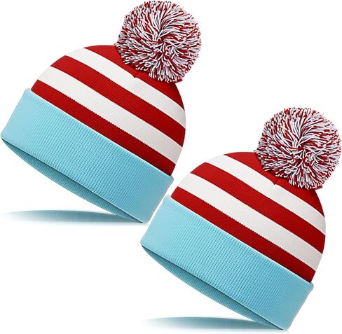 2 Pack Red White and Blue Striped Bobble Hats Knitted Beanies with Pom Pom Stretchy Winter Hats for Themed Parties Costumes in Saudi Arabia