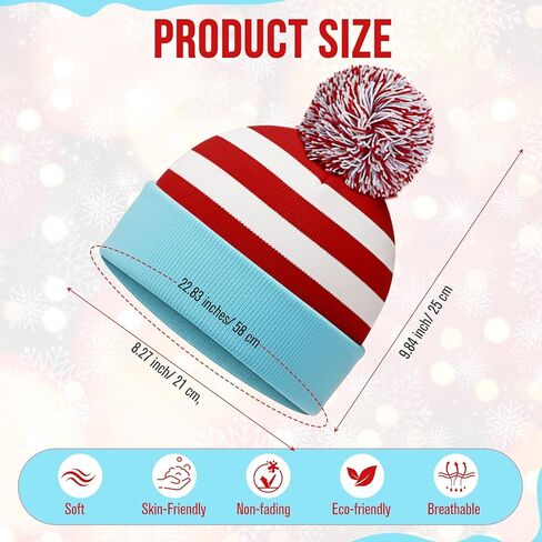 2 Pack Red White and Blue Striped Bobble Hats Knitted Beanies with Pom Pom Stretchy Winter Hats for Themed Parties Costumes in Saudi Arabia