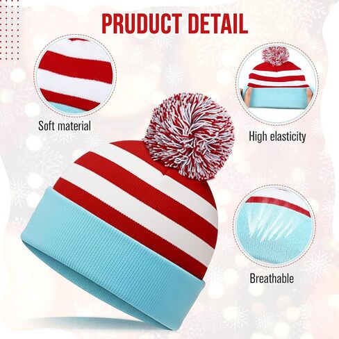 2 Pack Red White and Blue Striped Bobble Hats Knitted Beanies with Pom Pom Stretchy Winter Hats for Themed Parties Costumes in Saudi Arabia