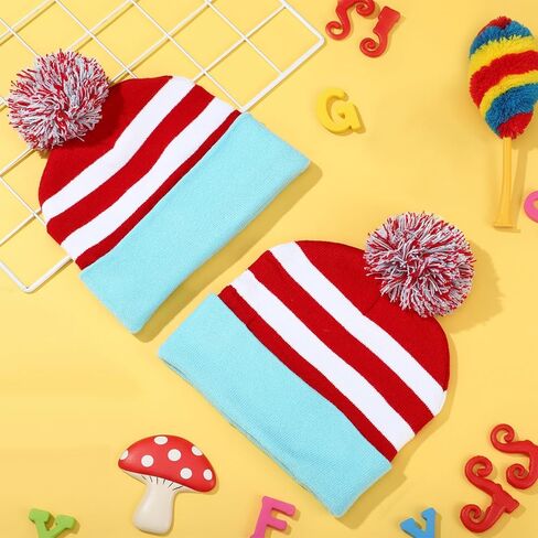 2 Pack Red White and Blue Striped Bobble Hats Knitted Beanies with Pom Pom Stretchy Winter Hats for Themed Parties Costumes in Saudi Arabia