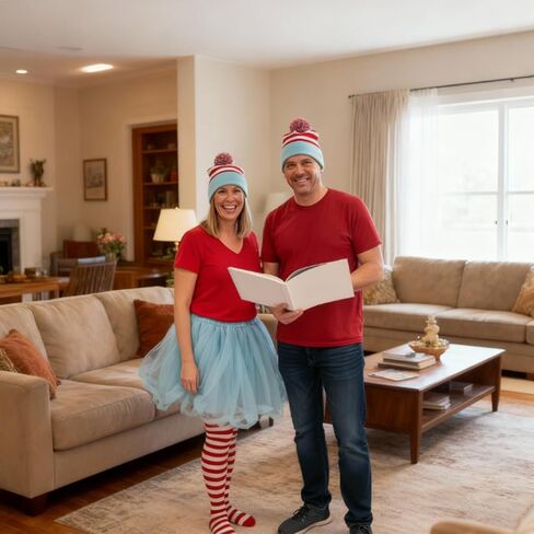 2 Pack Red White and Blue Striped Bobble Hats Knitted Beanies with Pom Pom Stretchy Winter Hats for Themed Parties Costumes in Saudi Arabia