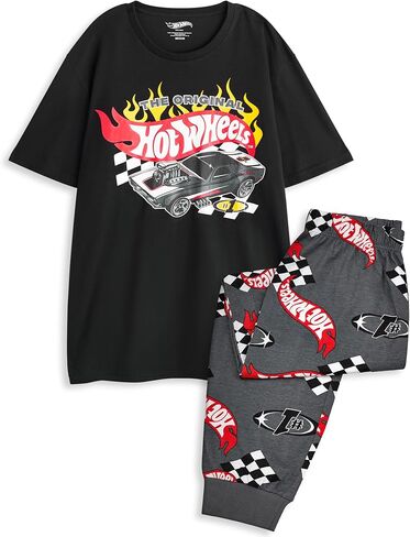 Hot Wheels Mens Pajama Set | Adults Race Car Graphic Short Sleeve Top & Long Leg PJ Bottoms in Black & Grey in Saudi Arabia