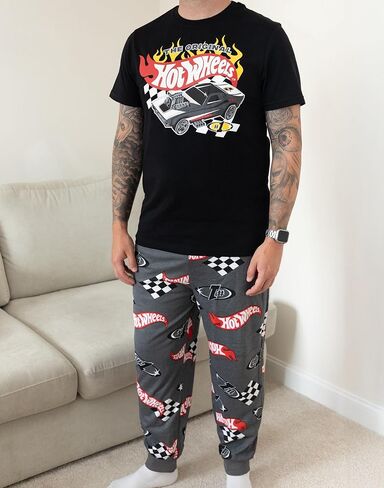 Hot Wheels Mens Pajama Set | Adults Race Car Graphic Short Sleeve Top & Long Leg PJ Bottoms in Black & Grey in Saudi Arabia