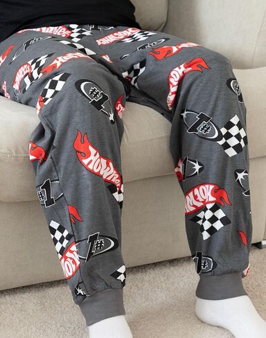 Hot Wheels Mens Pajama Set | Adults Race Car Graphic Short Sleeve Top & Long Leg PJ Bottoms in Black & Grey in Saudi Arabia