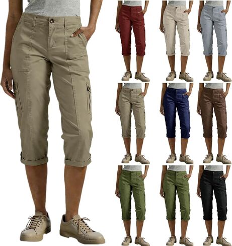 Womens Cargo Capri Pants with Pockets Button Cropped Pant Casual Summer Straight Leg Knee Length Long Bermuda Capris in Saudi Arabia