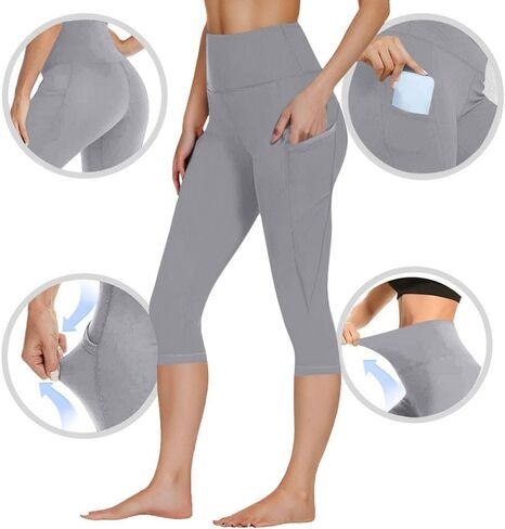 Women's High Waisted Yoga Capris with Pockets, Tummy Control Non See Through Athletic Workout Running Capri Leggings in Saudi Arabia