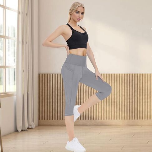Women's High Waisted Yoga Capris with Pockets, Tummy Control Non See Through Athletic Workout Running Capri Leggings in Saudi Arabia