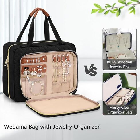 حقيبة أدوات الزينة للنساء من Wedama، حقيبة أدوات الزينة للسفر معلقة مع حجرة تنظيم المجوهرات وحقيبة مكياج كبيرة، حقيبة سفر مستحضرات التجميل المقاومة للماء من البولي فينيل كلوريد للسفر ورحلات العمل والتخييم والحمام، باللون الأسود in Kuwait