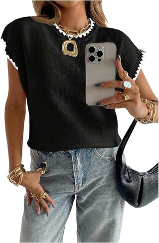 QJQ Women's Ribbed Sweaters Contrast Trim Short Sleeve Crew Neck Knit Vest Lightweight Business Casual Pullover Tops in Saudi Arabia