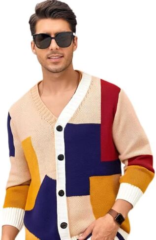 Men's Color Block Cardigan Sweater, V-Neck Button Down Design, Navy Blue, Yellow, Red, Beige, Knit Pattern in Saudi Arabia