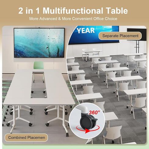 Modular Foldable Conference Table, 2 Pack 70.8" Mobile Meeting Tables Flip Top Training Table Rectangular Folding Conference Room Tables on Wheels for Office, Classroom(White) in Saudi Arabia