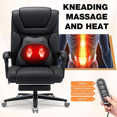 كرسي مكتب كبير وطويل القامة من HOFFREE بوزن 500 رطل مع تدليك العجن وكرسي مكتب حراري مع مسند للقدمين ووسادة دعم قطني من جلد البولي يوريثان، كرسي كمبيوتر تنفيذي مريح للأشخاص الثقيلين (أسود) in Kuwait