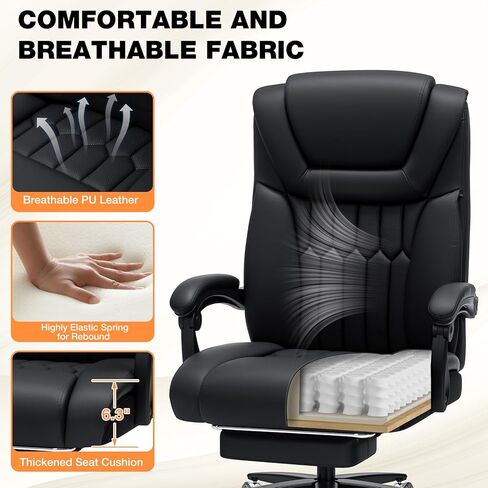 كرسي مكتب كبير وطويل القامة من HOFFREE بوزن 500 رطل مع تدليك العجن وكرسي مكتب حراري مع مسند للقدمين ووسادة دعم قطني من جلد البولي يوريثان، كرسي كمبيوتر تنفيذي مريح للأشخاص الثقيلين (أسود) in Kuwait