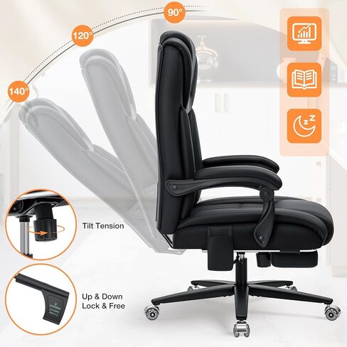 كرسي مكتب كبير وطويل القامة من HOFFREE بوزن 500 رطل مع تدليك العجن وكرسي مكتب حراري مع مسند للقدمين ووسادة دعم قطني من جلد البولي يوريثان، كرسي كمبيوتر تنفيذي مريح للأشخاص الثقيلين (أسود) in Kuwait