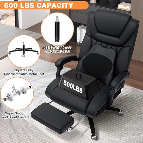 كرسي مكتب كبير وطويل القامة من HOFFREE بوزن 500 رطل مع تدليك العجن وكرسي مكتب حراري مع مسند للقدمين ووسادة دعم قطني من جلد البولي يوريثان، كرسي كمبيوتر تنفيذي مريح للأشخاص الثقيلين (أسود) in Kuwait