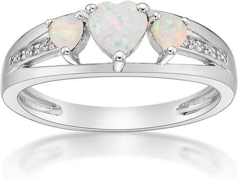 Lavari Jewelers 0.018 Carat Diamond and 0.50 Carat Created Opal Triple Heart Ring for Women - 925 Sterling Silver Promise Ring for Her - 3mm and 5mm White October Birthstone - Wedding Band Size 5 to 9 in Saudi Arabia