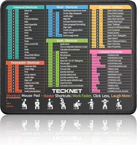 لوحة مكتب TECKNET Excel Cheat Sheet، لوحة ماوس لـ Excel Word PowerPoint Windows Shortcuts-11.6x9.8 بوصة، حصيرة مكتب مكتب مقاومة للماء غير قابلة للانزلاق، محمولة، متينة، طباعة واضحة، أسود in Kuwait