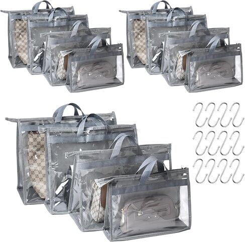 12 Pcak Dust Bags for Handbags with Handles and 12 Metal Hooks, 4 Different Sizes Clear Hanging Purse Organizer for Closet, Dustbags Handbag Storage in Saudi Arabia