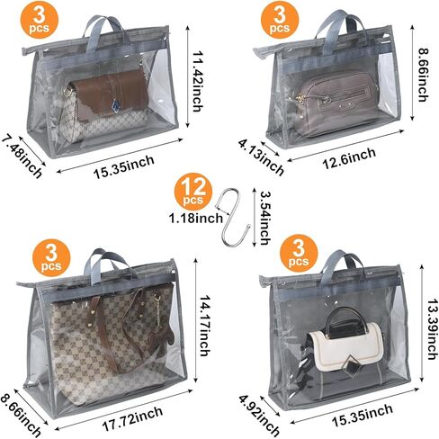 12 Pcak Dust Bags for Handbags with Handles and 12 Metal Hooks, 4 Different Sizes Clear Hanging Purse Organizer for Closet, Dustbags Handbag Storage in Saudi Arabia