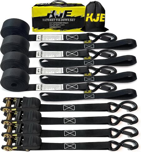 KJE Black Ratchet Straps, (4) 1" x 15' Tie Down Strap Sets + (4) Soft Loops, TPR Handles & Coated S Hook W/Safety Clip, 1800lb Break Strength, Cargo Strap for Motorcycle, ATV in Saudi Arabia