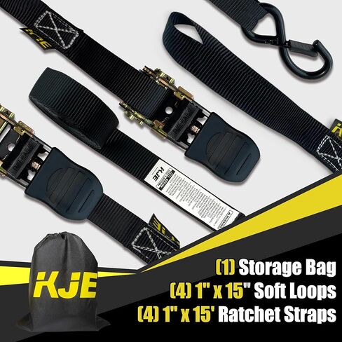 KJE Black Ratchet Straps, (4) 1" x 15' Tie Down Strap Sets + (4) Soft Loops, TPR Handles & Coated S Hook W/Safety Clip, 1800lb Break Strength, Cargo Strap for Motorcycle, ATV in Saudi Arabia