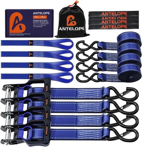 A ANTELOPE Ratchet Tie Strap Set of 4-5,250 LBS Breaking Strength, 1.5" x 15' Ratchet Straps with 4 Soft Loops, Coated S-Hooks, and Soft Padded Handles for Secure Motorcycles, Trucks, Trailers in Saudi Arabia