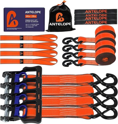 A ANTELOPE Ratchet Tie Strap Set of 4-5,250 LBS Breaking Strength, 1.5" x 15' Ratchet Straps with 4 Soft Loops, Coated S-Hooks, and Soft Padded Handles for Secure Motorcycles, Trucks, Trailers in Saudi Arabia