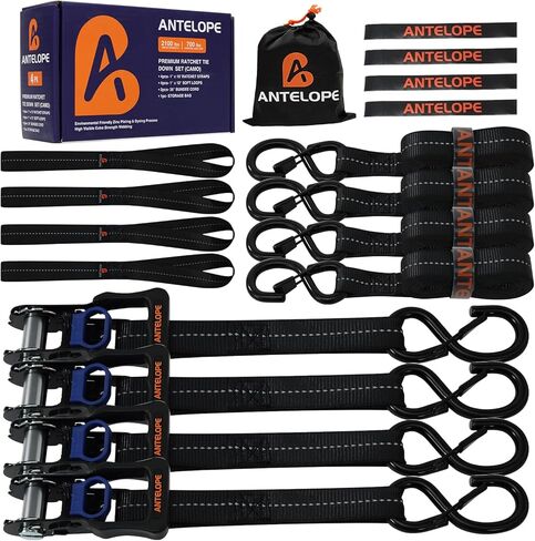 مجموعة أشرطة ربط السقاطة من ANTELOPE بقوة كسر 4-5250 رطل، وأشرطة سقاطة 1.5 بوصة × 15 بوصة مع 4 حلقات ناعمة، وخطافات على شكل حرف S مغلفة، ومقبض مبطن ناعم للدراجات النارية والزوارق والشاحنات والمقطورات (أزرق) in Kuwait