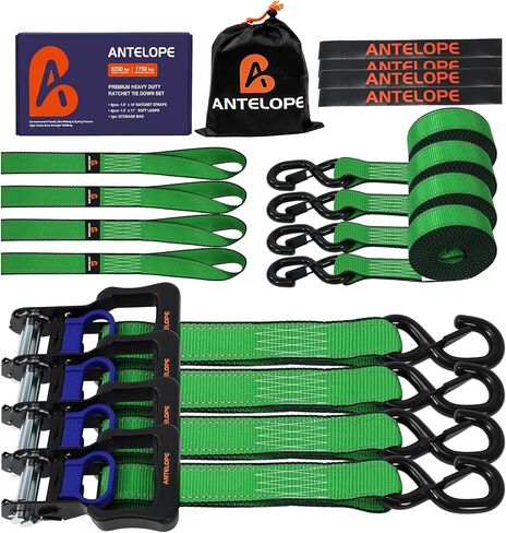 A ANTELOPE Ratchet Tie Strap Set of 4-5,250 LBS Breaking Strength, 1.5" x 15' Ratchet Straps with 4 Soft Loops, Coated S-Hooks, and Soft Padded Handles for Secure Motorcycles, Trucks, Trailers in Saudi Arabia