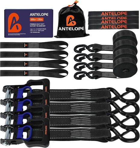 A ANTELOPE Ratchet Tie Strap Set of 4-5,250 LBS Breaking Strength, 1.5" x 15' Ratchet Straps with 4 Soft Loops, Coated S-Hooks, and Soft Padded Handles for Secure Motorcycles, Trucks, Trailers in Saudi Arabia