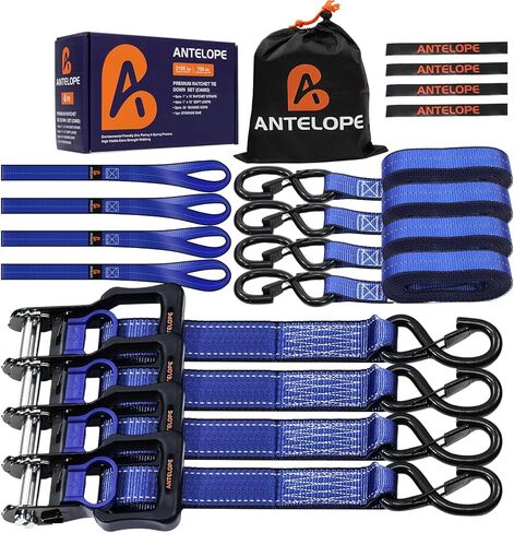 A ANTELOPE Ratchet Tie Strap Set of 4-5,250 LBS Breaking Strength, 1.5" x 15' Ratchet Straps with 4 Soft Loops, Coated S-Hooks, and Soft Padded Handles for Secure Motorcycles, Trucks, Trailers in Saudi Arabia