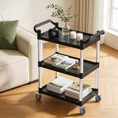 عربة أدوات دوارة من 3 طبقات مع 4 عجلات هادئة قابلة للقفل - سعة 510 رطل، للاستخدام التجاري للمطاعم/المكتب/المستودع/الفندق، سهلة التجميع، أسود (31.1 × 16.7 × 37.8 بوصة) in Kuwait