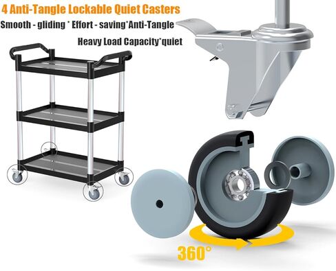 عربة أدوات دوارة من 3 طبقات مع 4 عجلات هادئة قابلة للقفل - سعة 510 رطل، للاستخدام التجاري للمطاعم/المكتب/المستودع/الفندق، سهلة التجميع، أسود (31.1 × 16.7 × 37.8 بوصة) in Kuwait