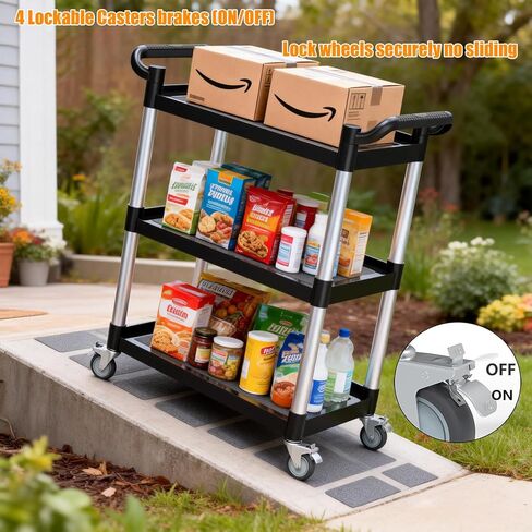 عربة أدوات دوارة من 3 طبقات مع 4 عجلات هادئة قابلة للقفل - سعة 510 رطل، للاستخدام التجاري للمطاعم/المكتب/المستودع/الفندق، سهلة التجميع، أسود (31.1 × 16.7 × 37.8 بوصة) in Kuwait