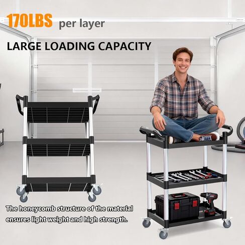 عربة أدوات دوارة من 3 طبقات مع 4 عجلات هادئة قابلة للقفل - سعة 510 رطل، للاستخدام التجاري للمطاعم/المكتب/المستودع/الفندق، سهلة التجميع، أسود (31.1 × 16.7 × 37.8 بوصة) in Kuwait