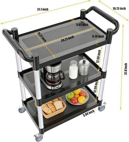 عربة أدوات دوارة من 3 طبقات مع 4 عجلات هادئة قابلة للقفل - سعة 510 رطل، للاستخدام التجاري للمطاعم/المكتب/المستودع/الفندق، سهلة التجميع، أسود (31.1 × 16.7 × 37.8 بوصة) in Kuwait