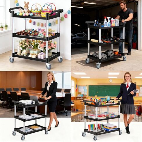 عربة أدوات دوارة من 3 طبقات مع 4 عجلات هادئة قابلة للقفل - سعة 510 رطل، للاستخدام التجاري للمطاعم/المكتب/المستودع/الفندق، سهلة التجميع، أسود (31.1 × 16.7 × 37.8 بوصة) in Kuwait