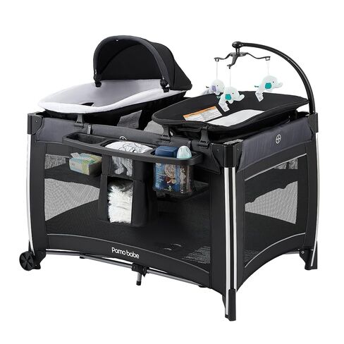 سرير أطفال فاخر 4 في 1 من بامو بيب، ساحة لعب للسفر قابلة للطي مع سرير، مرتبة، طاولة تغيير لحديثي الولادة والرضع والأطفال الصغار (أسود) in Kuwait