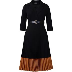 Women's 3/4 Sleeve Pleated Dress Midi Dress with Belt V Neck Business Elegant Dresses Formal Lady Dress in Saudi Arabia