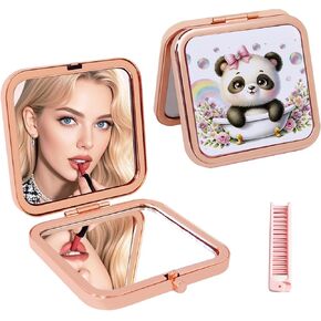Cute Panda Travel Mirror with Comb, Double-Sided Mini Compact Makeup Mirror with 1x/2x Magnification, Rose Gold Portable Folding Mirror for Purse, Pocket & On-The-Go in Saudi Arabia