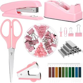 Pink Office Supplies Set, Desk Accessories for Women with Stapler, Tape Dispenser, Staple Remover, Staples, Clips, Scissor and Tabs, Gift for Students and Coworkers in Kuwait
