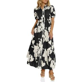 Wenrine Womens Casual Shirt Dress Floral Collared Short Sleeve Button Down Drawstring Waist Loose Summer Maxi Dresses in Saudi Arabia