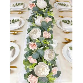 2 Pack 13Ft Artificial Eucalyptus Flower Garland with 16 White Peony Pink Rose, Baby Breath Fake Flowers Greenery Garland Floral Vine for Mantle Wedding Table Runner Centerpiece Backdrop Home Decor in Kuwait