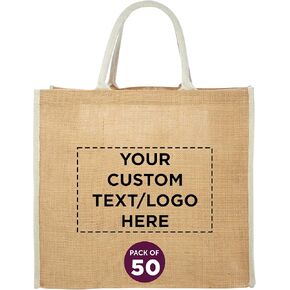 DISCOUNT PROMOS مجموعة حقائب حمل من الجوت صديقة للبيئة من فريسنو مكونة من 50 قطعة، عبوة كبيرة مخصصة - قابلة لإعادة الاستخدام، رائعة للمعارض التجارية والبقالة والتسوق والمناسبات الخارجية - بيج فاتح in Kuwait