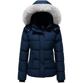 معطف شتوي دافئ بغطاء للرأس للنساء من KVE، جاكيت منتفخ سميك مبطن مع غطاء رأس من الفرو قابل للإزالة in Kuwait