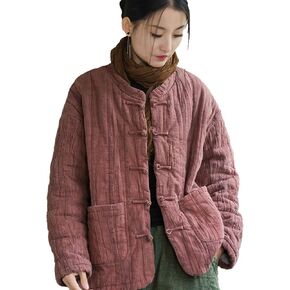 Women's Cotton Short Quilted Coat Autumn/Winter Solid Color Jacket Baggy Long Sleeve Button Top in Kuwait