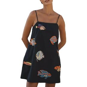 Women Boho Mini Cami Dress Graffiti Spaghetti Strap Aline Fruit Dress Cute Colofrul Short Beach Sundress in Saudi Arabia